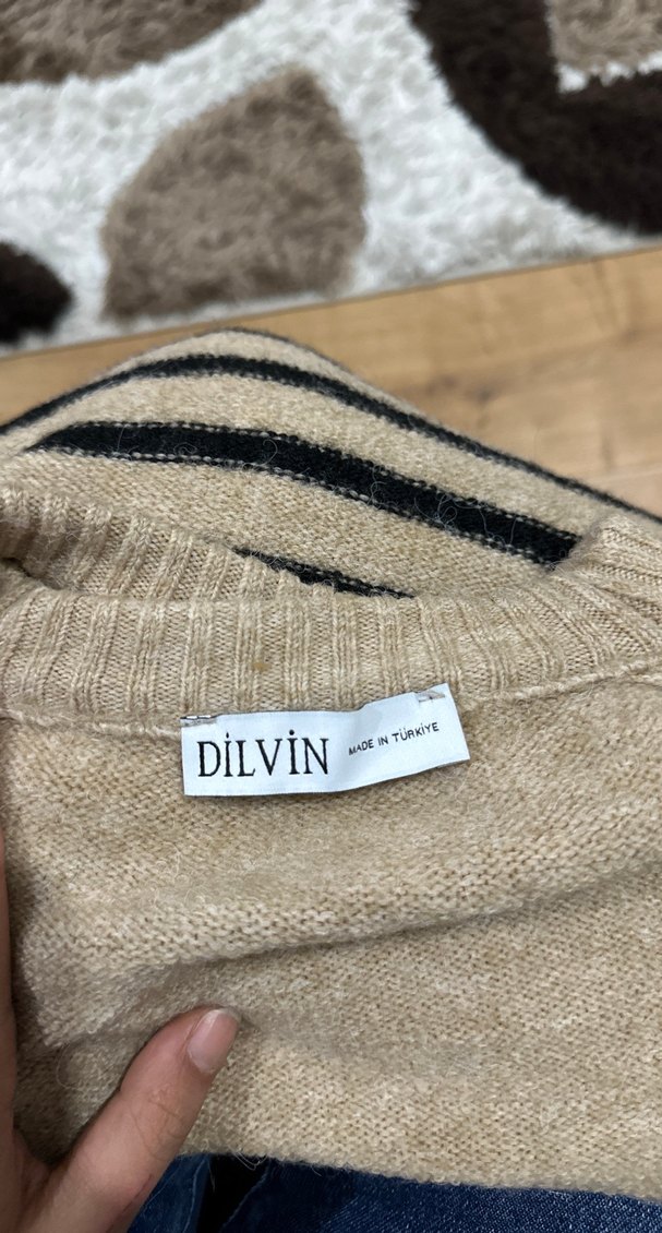 Bej Çizgili Örgü Kadın Kazak - Görsel 5