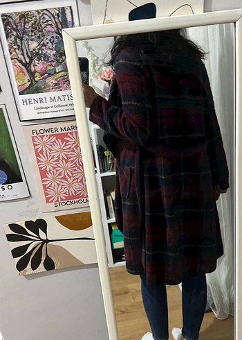 Bordo Bağlama Desenli Yün Midi Kadın Kaban - Görsel 5