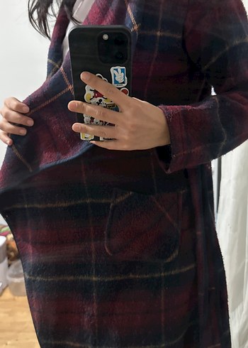 Bordo Bağlama Desenli Yün Midi Kadın Kaban - Görsel 4