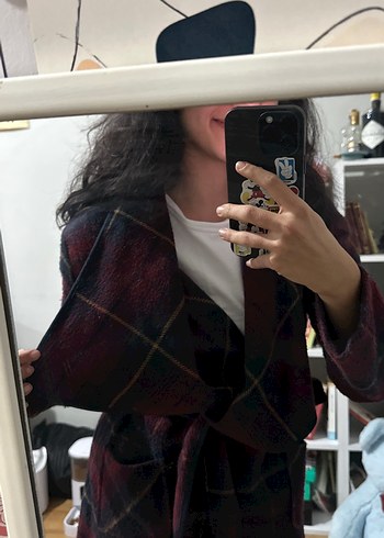 Bordo Bağlama Desenli Yün Midi Kadın Kaban - Görsel 8