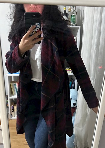 Bordo Bağlama Desenli Yün Midi Kadın Kaban - Görsel 3