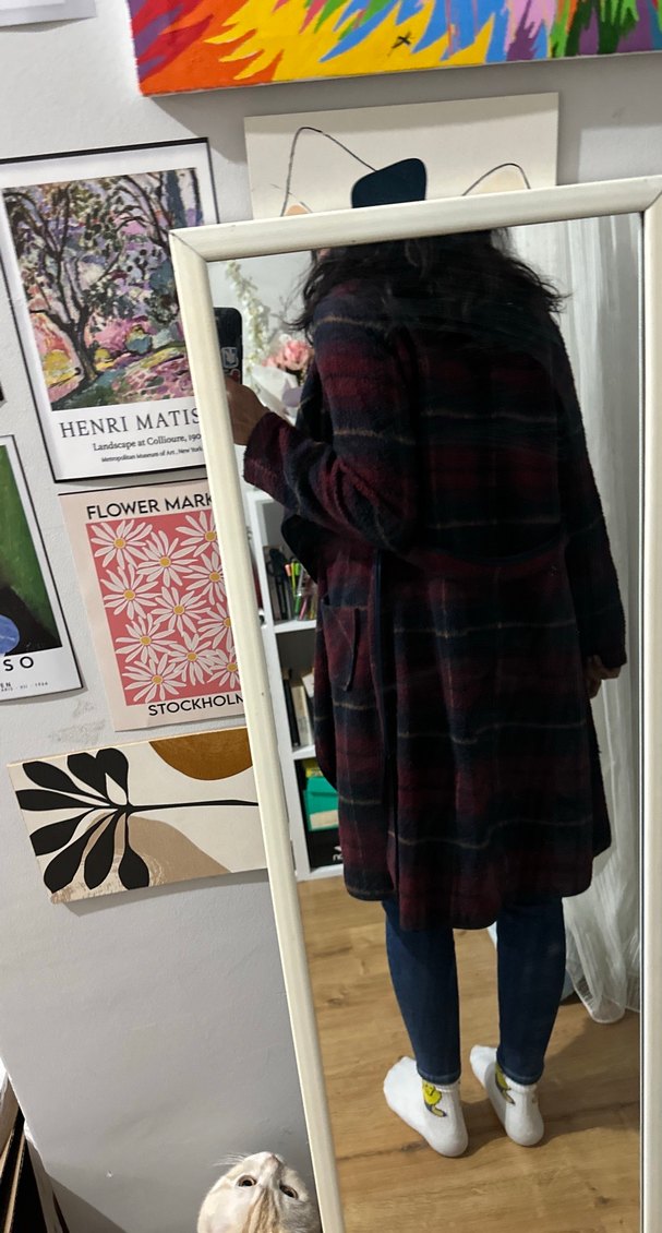 Bordo Bağlama Desenli Yün Midi Kadın Kaban - Görsel 5