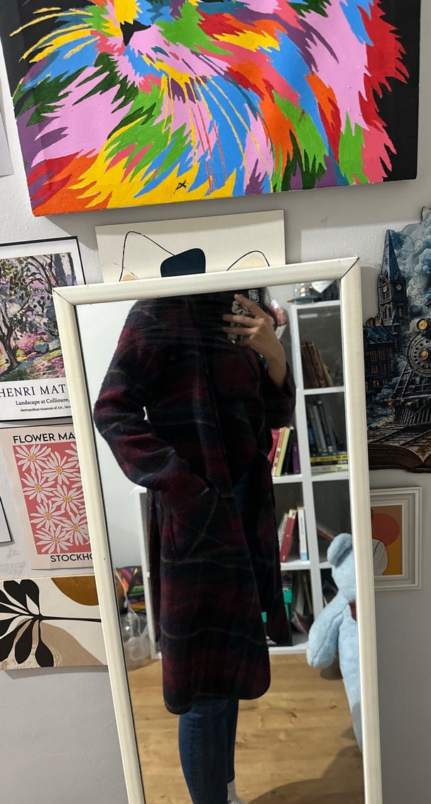 Bordo Bağlama Desenli Yün Midi Kadın Kaban - Görsel 2