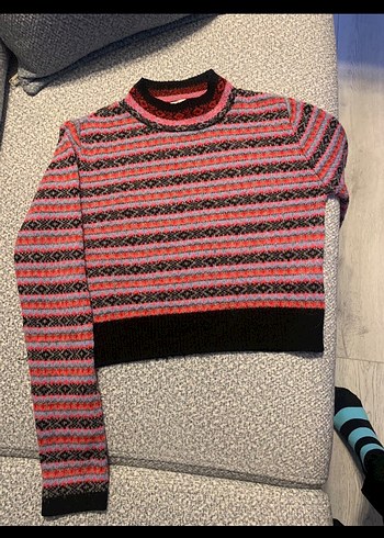 Crop Çok Renkli Desenli Örgü Kadın Kazak - Görsel 2