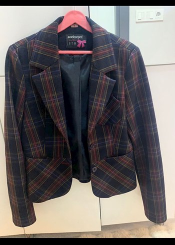 Ekoseli Az giyilmiş şık ceket 40 beden lacivert - Görsel 3