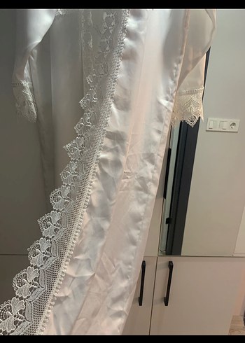 Saten Uzun Beyaz Nakışlı Bohem Kadın Sabahlık/ Kimono - Görsel 5