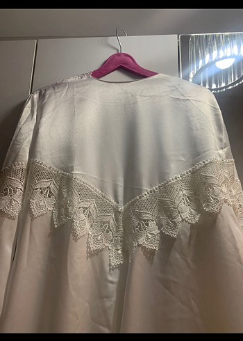Saten Uzun Beyaz Nakışlı Bohem Kadın Sabahlık/ Kimono - Görsel 3