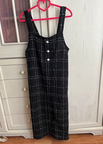 Düğmeli Siyah Kareli Midi Triko Elbise - Görsel 2