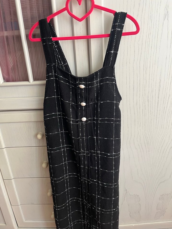 Düğmeli Siyah Kareli Midi Triko Elbise - Görsel 3