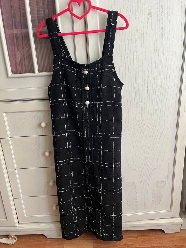 Düğmeli Siyah Kareli Midi Triko Elbise - Görsel 2