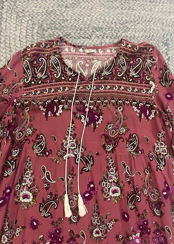 Boncuk İşlemeli Bordo Bohem Uzun Elbise - Görsel 3