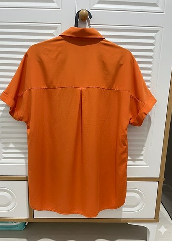 Turuncu Kısa Kollu Keten Gömlek - Görsel 2