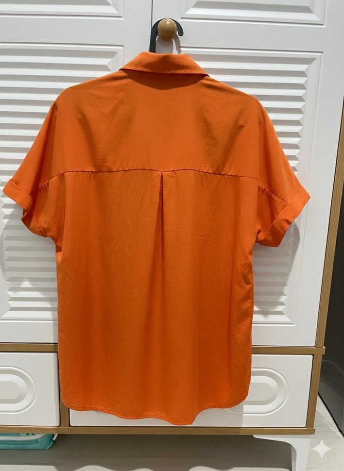 Turuncu Kısa Kollu Keten Gömlek - Görsel 2