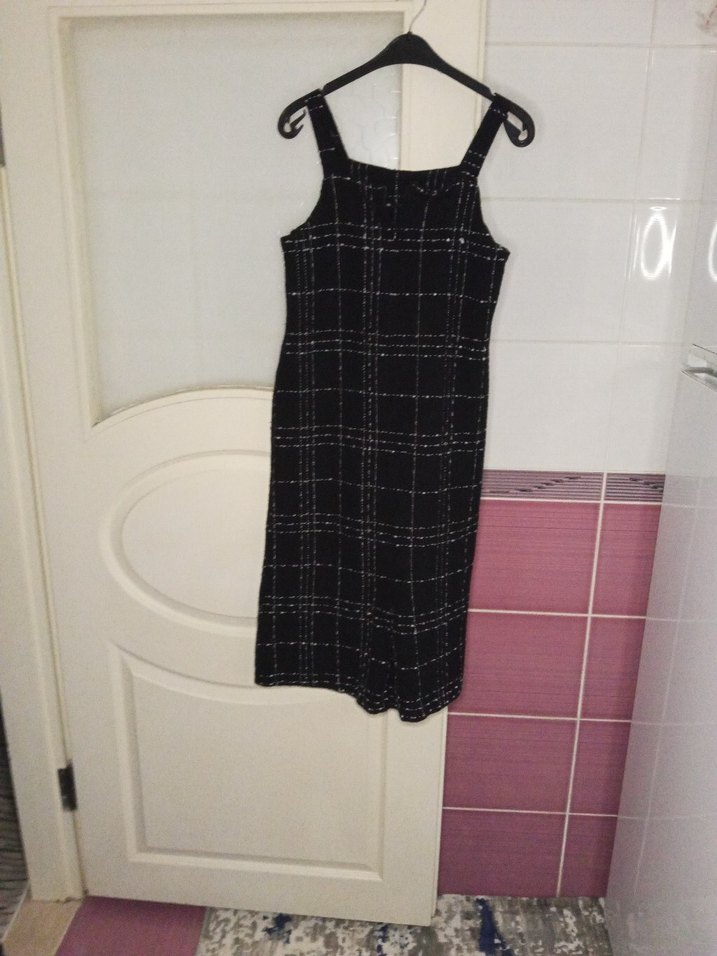 Düğmeli Siyah Ekose Kumaş Kadın Tulum - Görsel 4