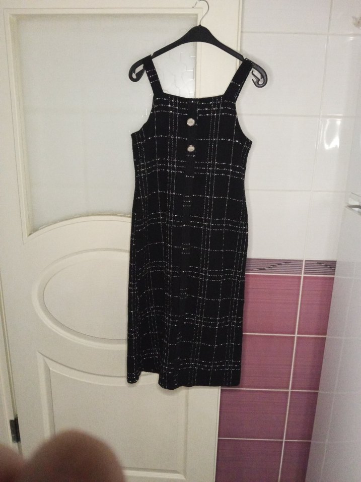 Düğmeli Siyah Ekose Kumaş Kadın Tulum - Görsel 3