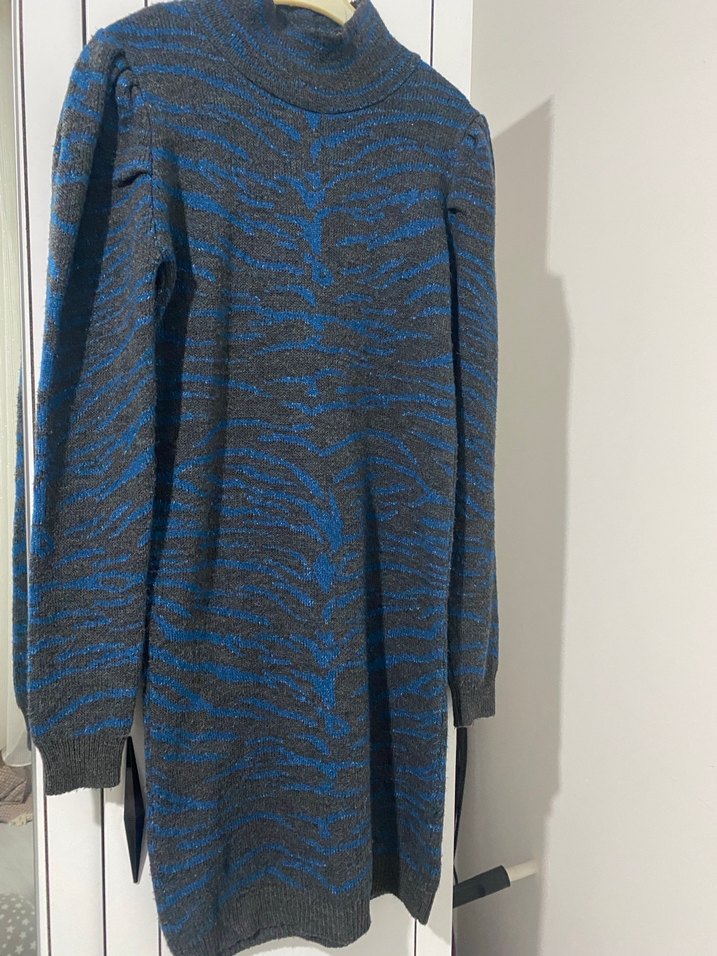 Boğazlı Zebra Desenli Kadın Triko Elbise - Görsel 2