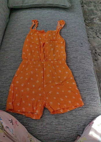 Turuncu Desenli Kız Çocuk Askılı Tulum - Görsel 3