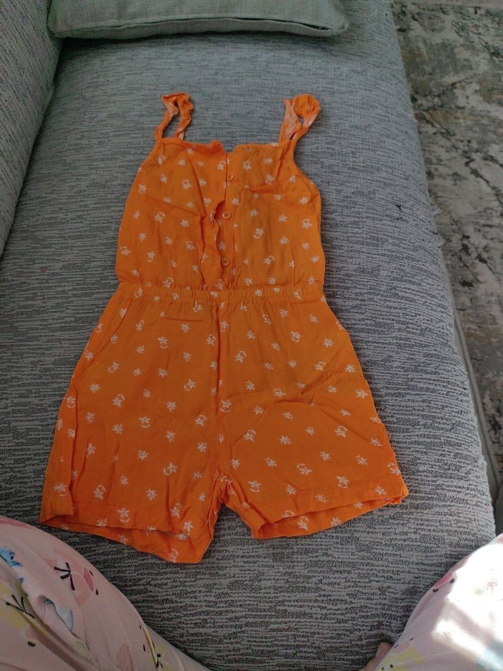 Turuncu Desenli Kız Çocuk Askılı Tulum - Görsel 3