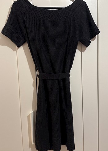 Kemerli Siyah Triko Mini Elbise - Görsel 3