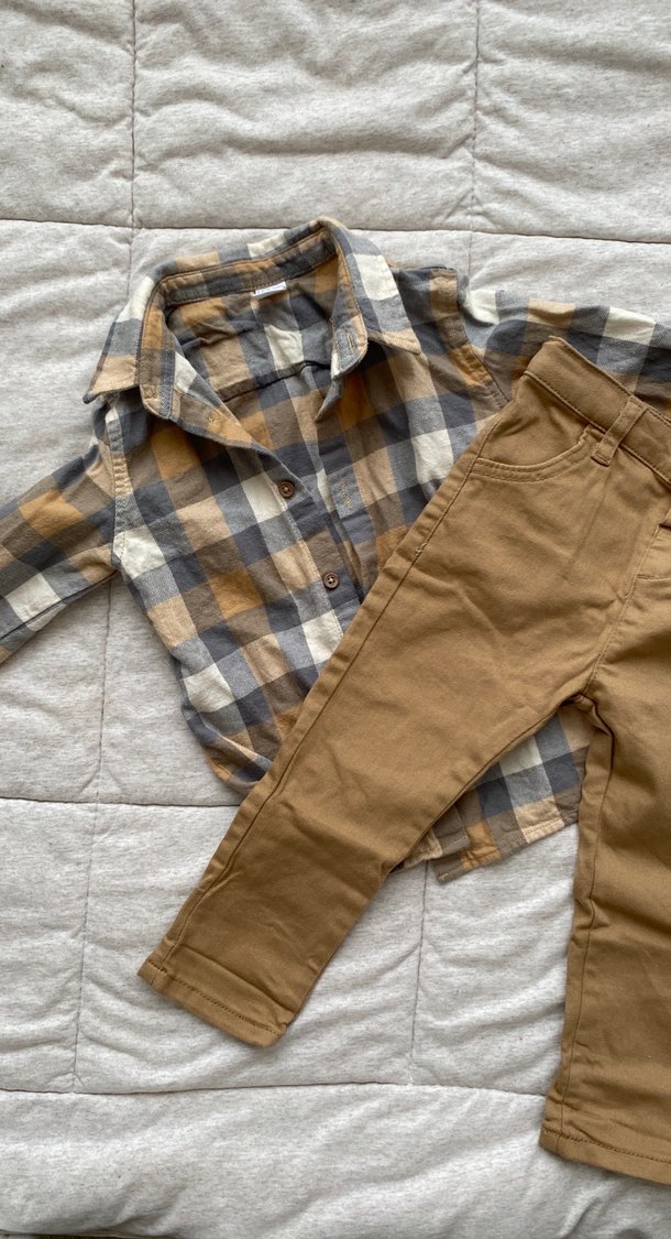 Kahverengi Gömlek ve Pantolon Bebek Takımı - Görsel 3