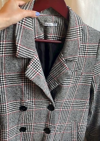 Düğmeli Gri Ekose Midi Kadın Palto - Görsel 4