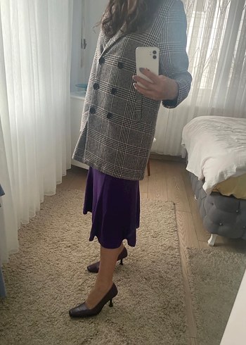 Düğmeli Gri Ekose Midi Kadın Palto - Görsel 6