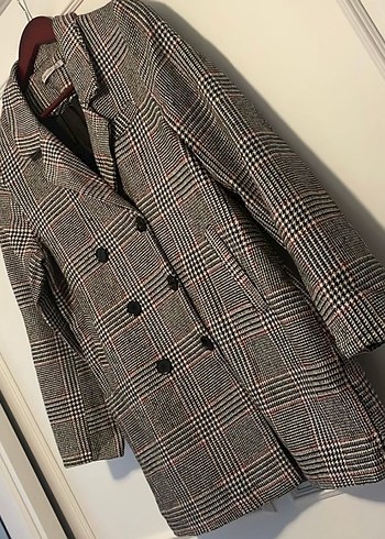 Düğmeli Gri Ekose Midi Kadın Palto - Görsel 2