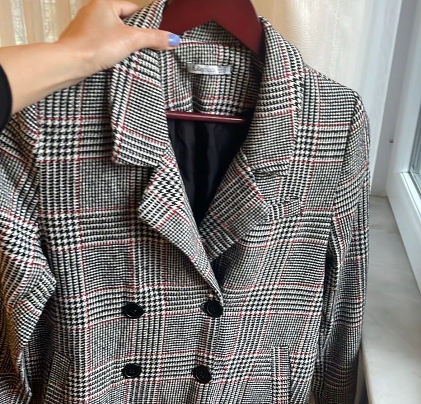 Düğmeli Gri Ekose Midi Kadın Palto - Görsel 4