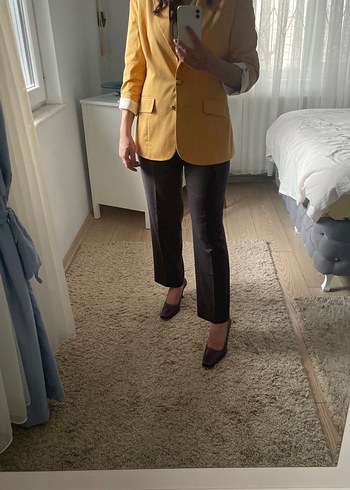 Sarı Düğmeli Kadın Midi Blazer Ceket - Görsel 7