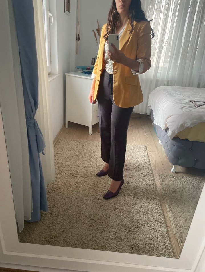 Sarı Düğmeli Kadın Midi Blazer Ceket - Görsel 5