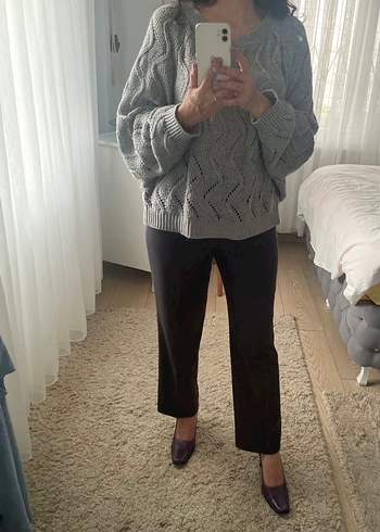 Gri Örgü Rahat Kadın Kazak - Görsel 8