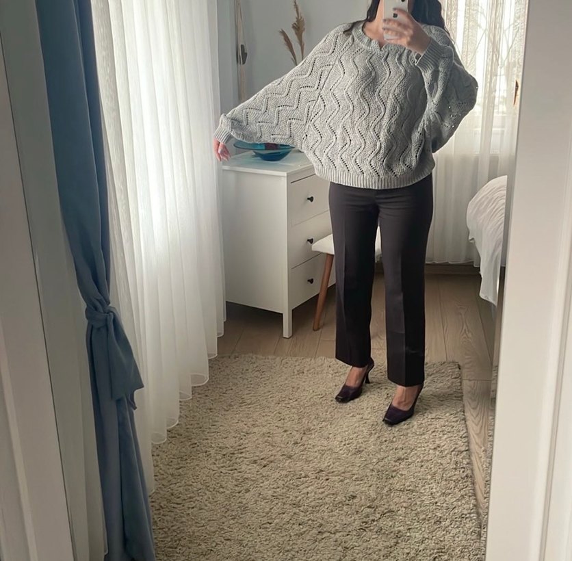 Gri Örgü Rahat Kadın Kazak - Görsel 4