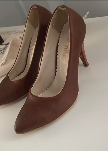 Kahverengi Deri Stiletto Kadın Ayakkabı - Görsel 2