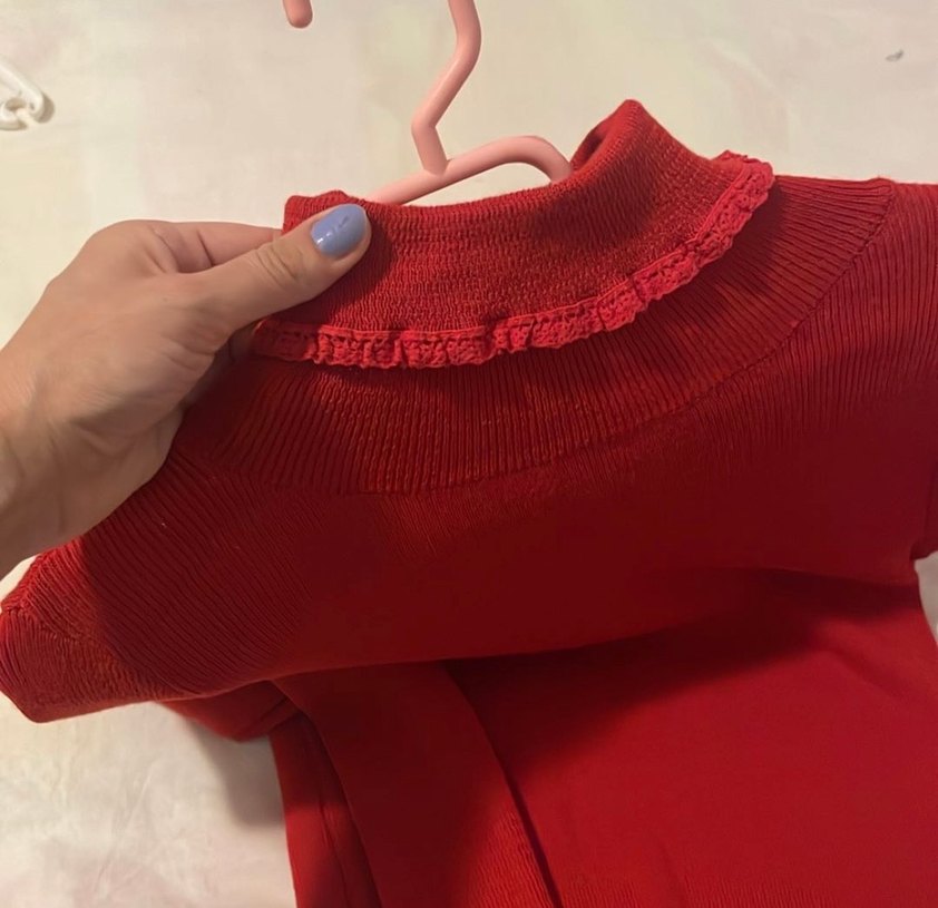 Kırmızı Fırfırlı Balıkçı Yaka Kazak - Görsel 3