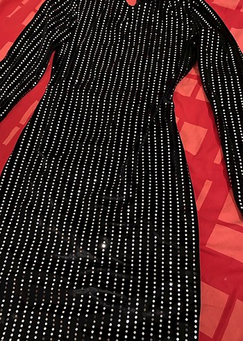 Uzun Kollu Siyah Puantiyeli Payetli Gece Elbisesi Kadife - Görsel 2