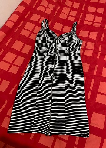 Çizgili Fermuarlı Kalın Askılı Mini Elbise - Görsel 2