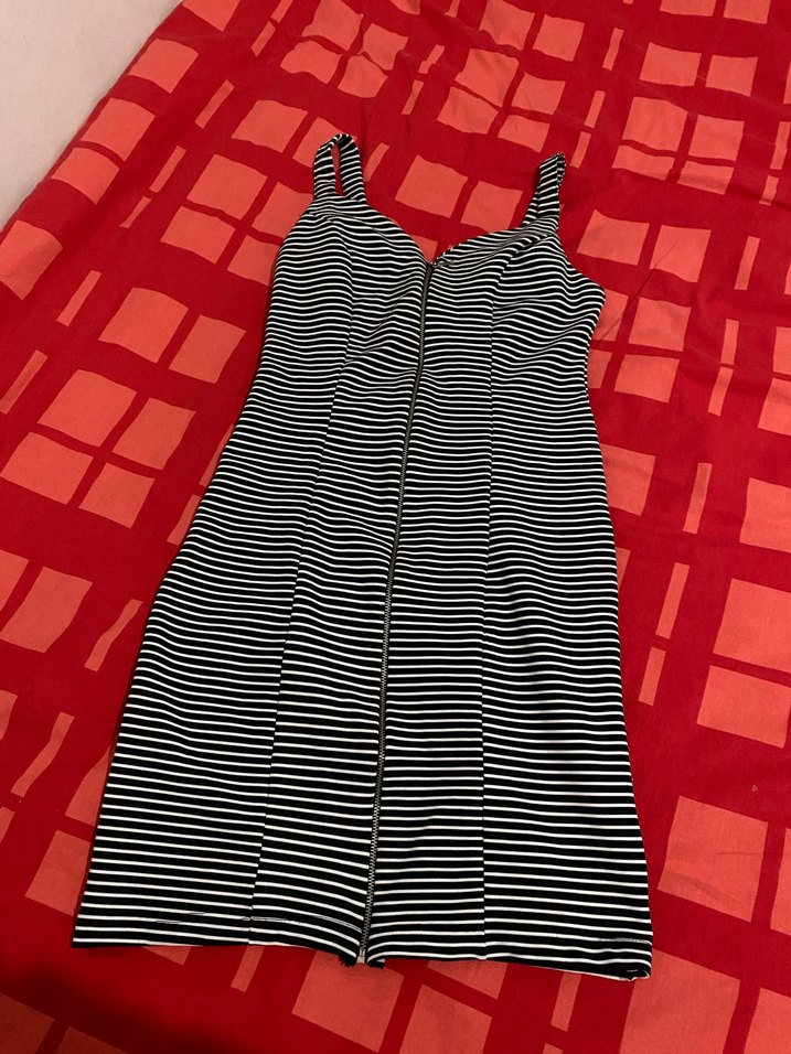 Çizgili Fermuarlı Kalın Askılı Mini Elbise - Görsel 2