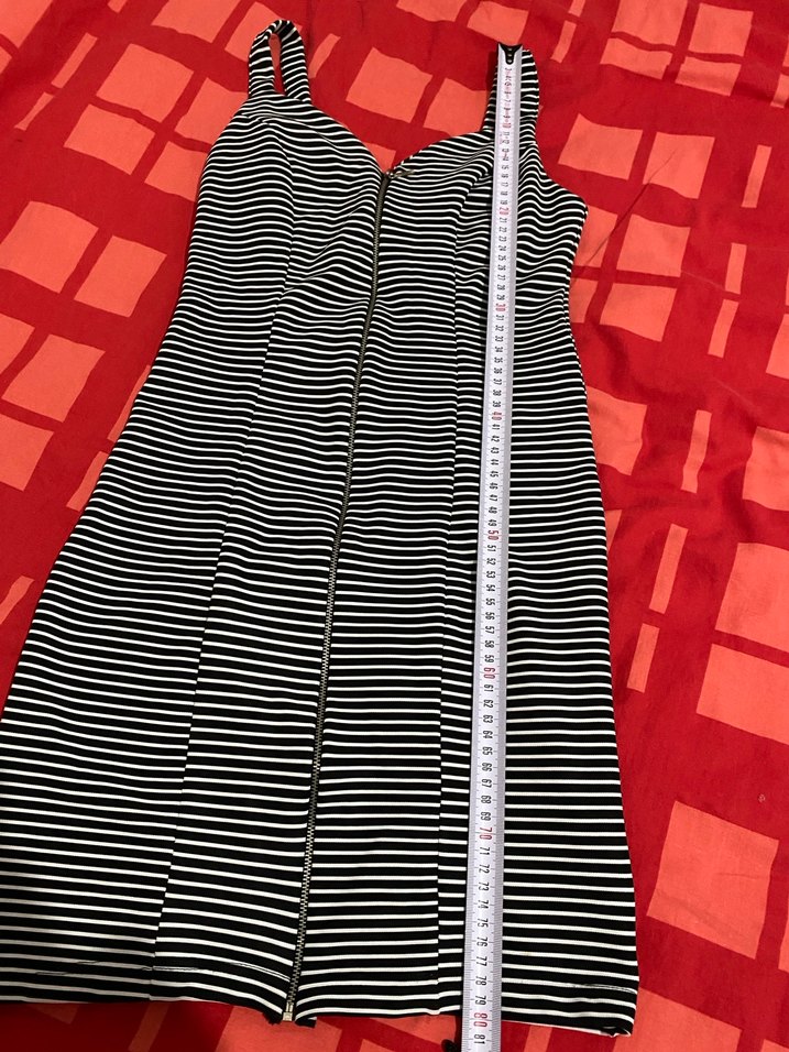 Çizgili Fermuarlı Kalın Askılı Mini Elbise - Görsel 3