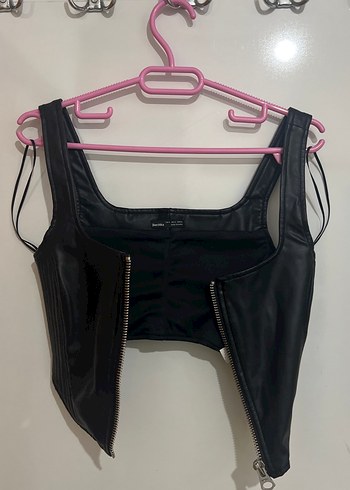 Siyah Deri Fermuarlı Mini Bustiyer - Görsel 5