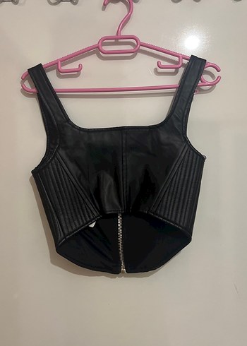 Siyah Deri Fermuarlı Mini Bustiyer - Görsel 3