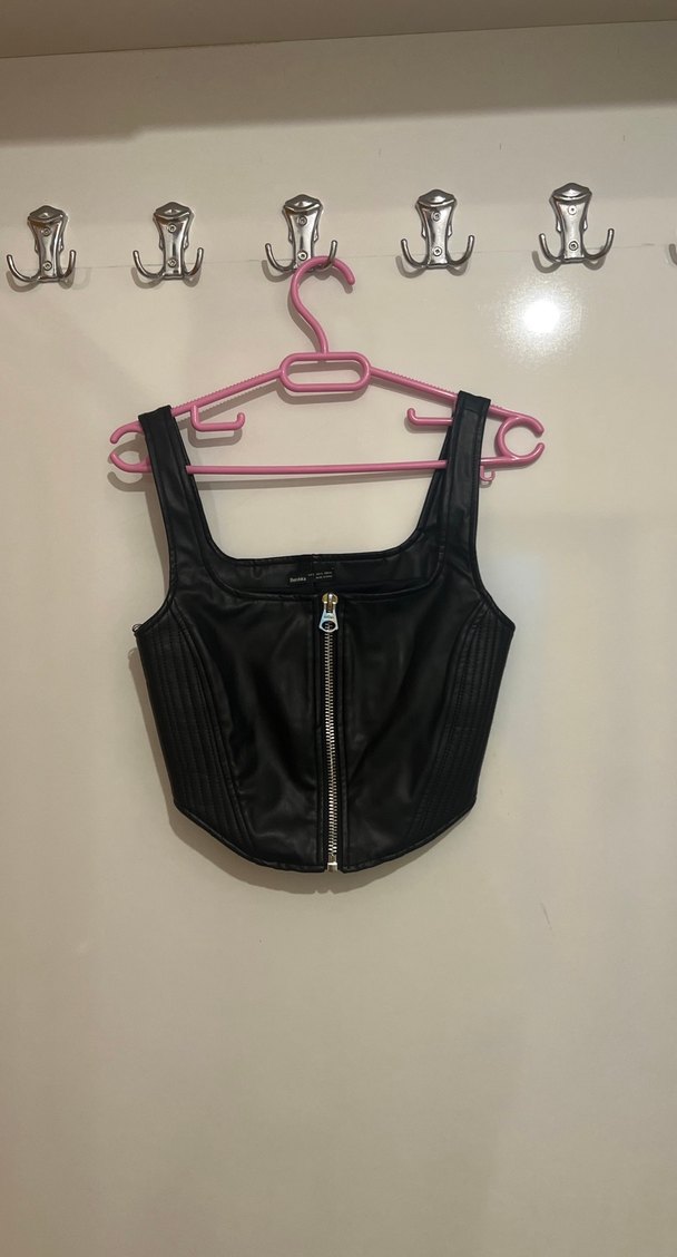 Siyah Deri Fermuarlı Mini Bustiyer - Görsel 2