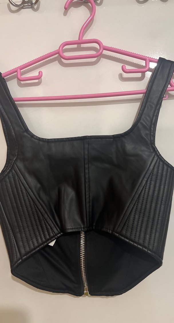 Siyah Deri Fermuarlı Mini Bustiyer - Görsel 4