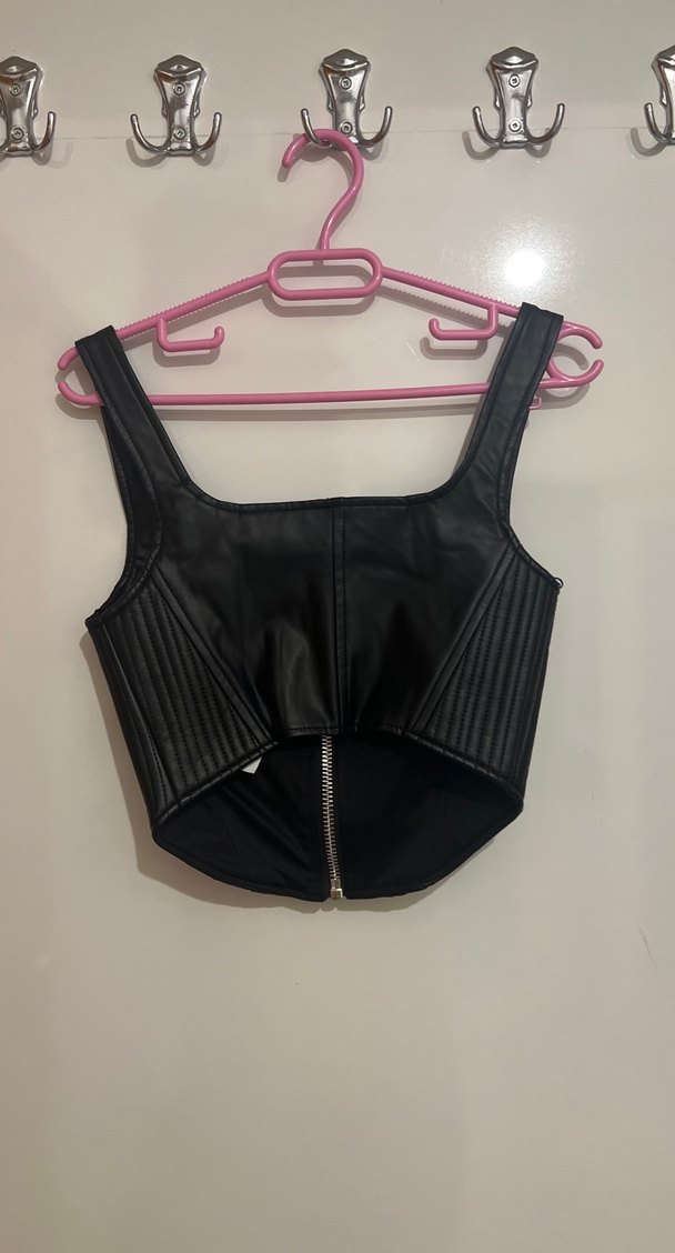 Siyah Deri Fermuarlı Mini Bustiyer - Görsel 3