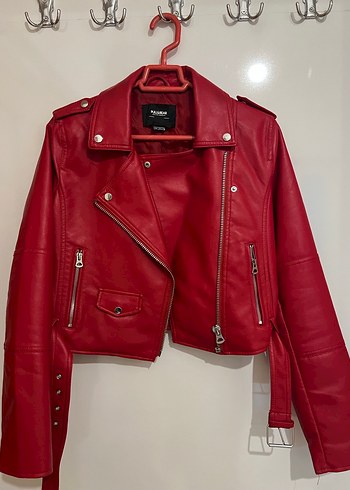 Kemerli Kırmızı Mini Deri Biker Ceket - Görsel 4