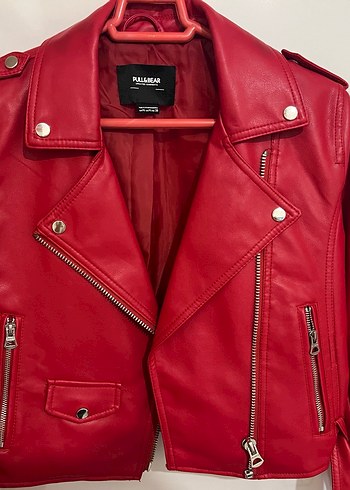 Kemerli Kırmızı Mini Deri Biker Ceket - Görsel 2