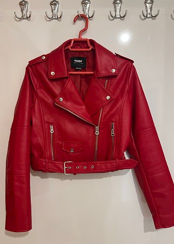 Kemerli Kırmızı Mini Deri Biker Ceket - Görsel 5