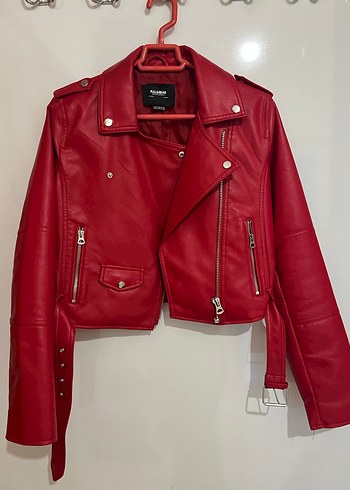 Kemerli Kırmızı Mini Deri Biker Ceket - Görsel 3