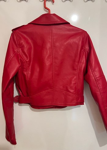 Kemerli Kırmızı Mini Deri Biker Ceket - Görsel 6