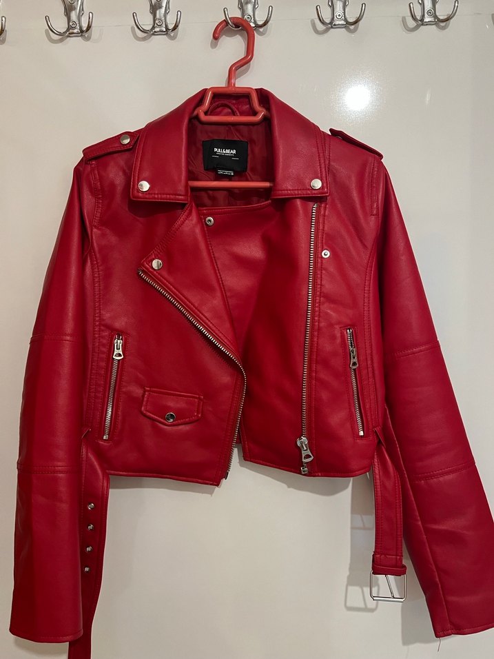 Kemerli Kırmızı Mini Deri Biker Ceket - Görsel 4