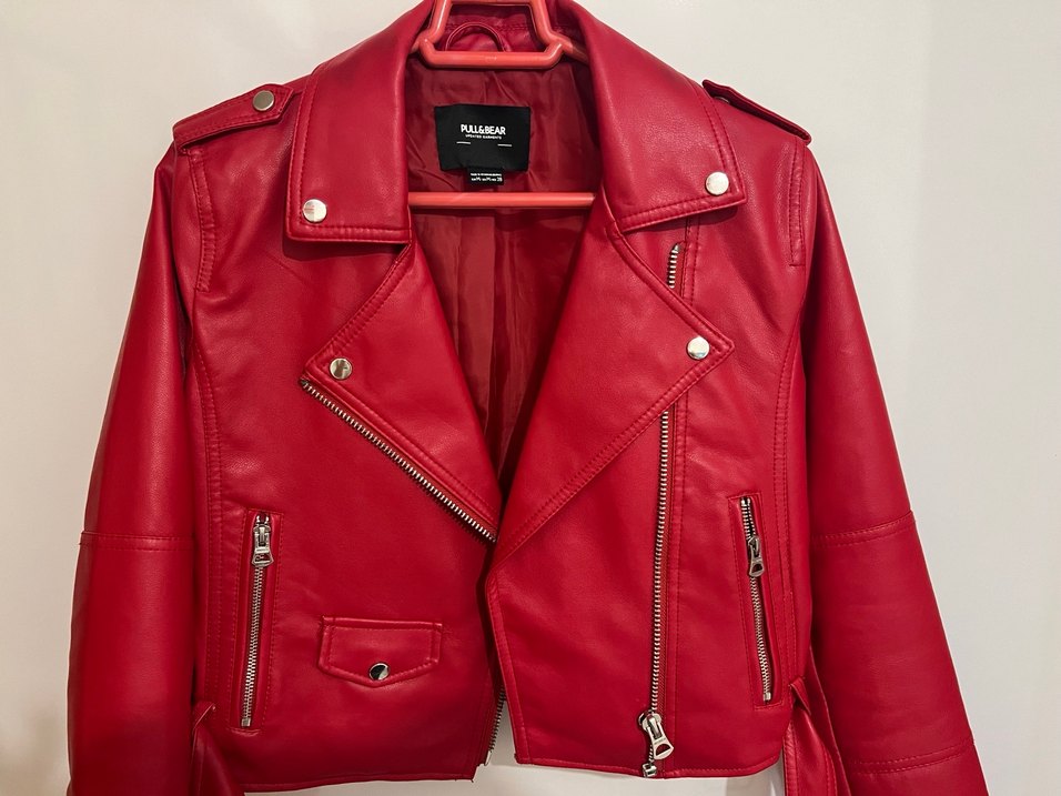 Kemerli Kırmızı Mini Deri Biker Ceket - Görsel 2